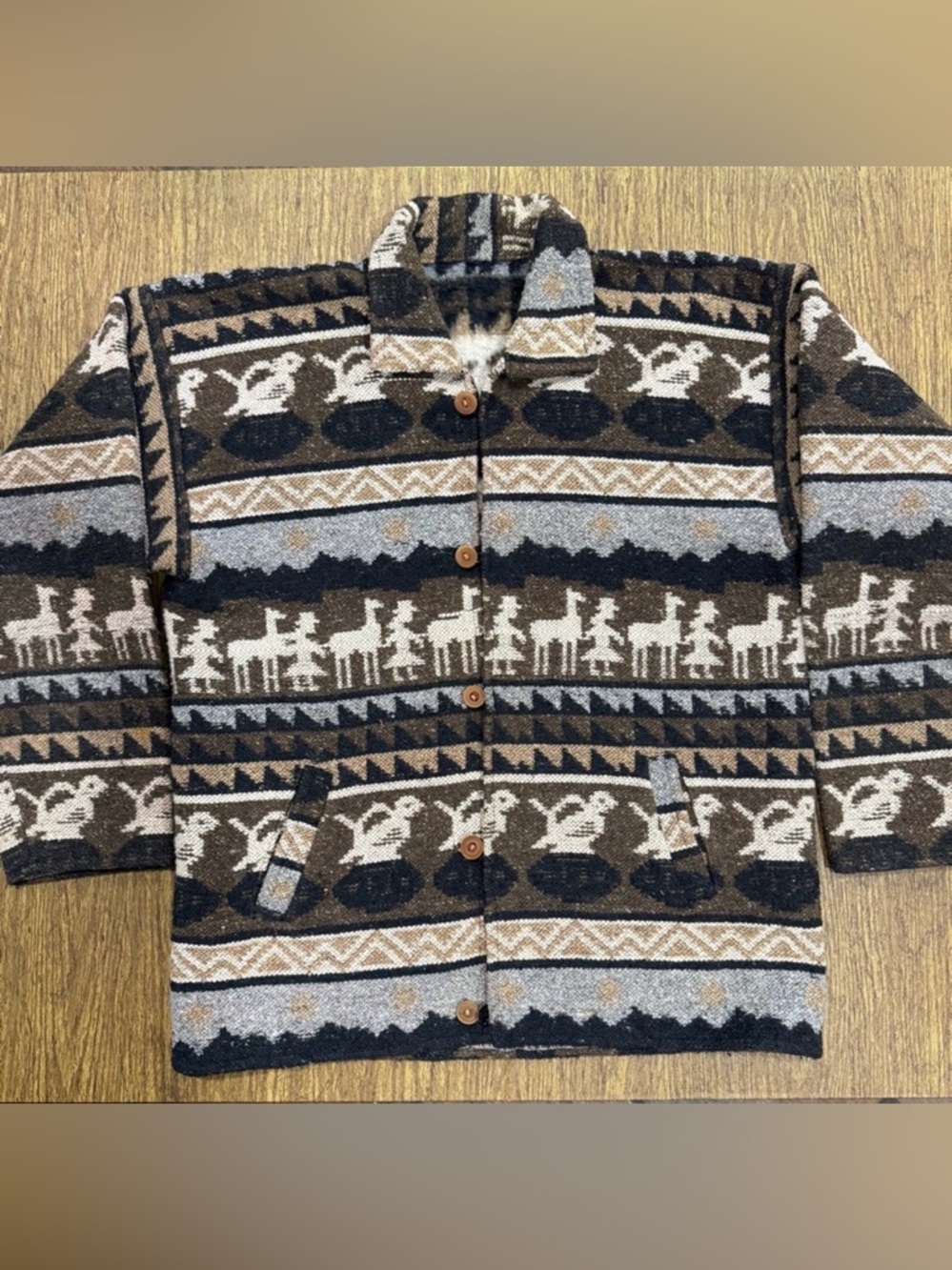 Vintage Alpaca Blanket‎ Jacket Peru Bolivia Folk Llama Motif Wool Coat Men’s L